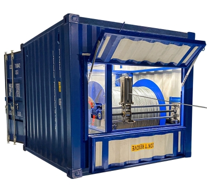 Палубная лебедка в транспортировочном контейнере с грузонесущим бронированным кабелем и кабелеукладчиком DW - 1100SR